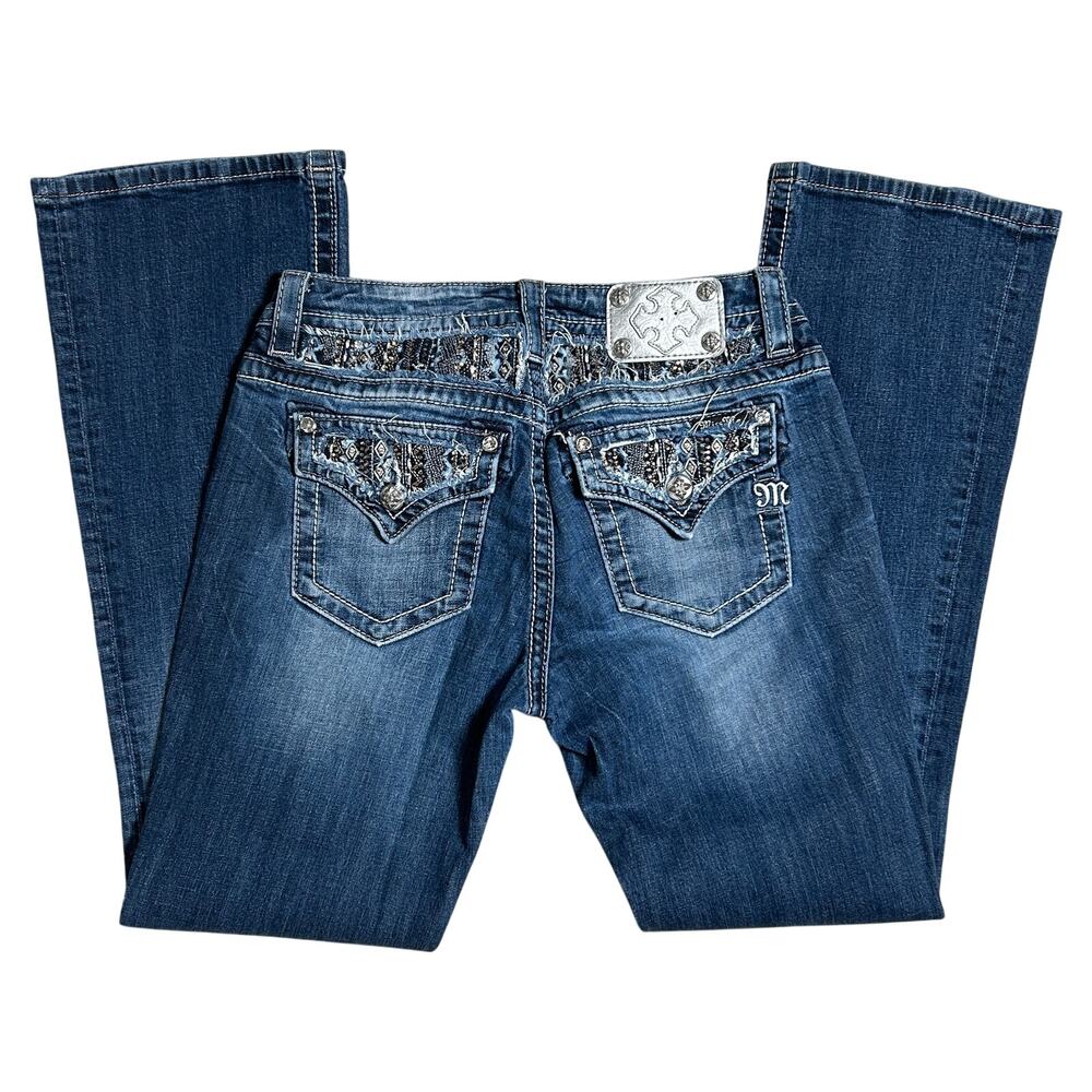 Miss Me Silver tab blue embroidered rhinestone bootcut jeans flap pocket 28